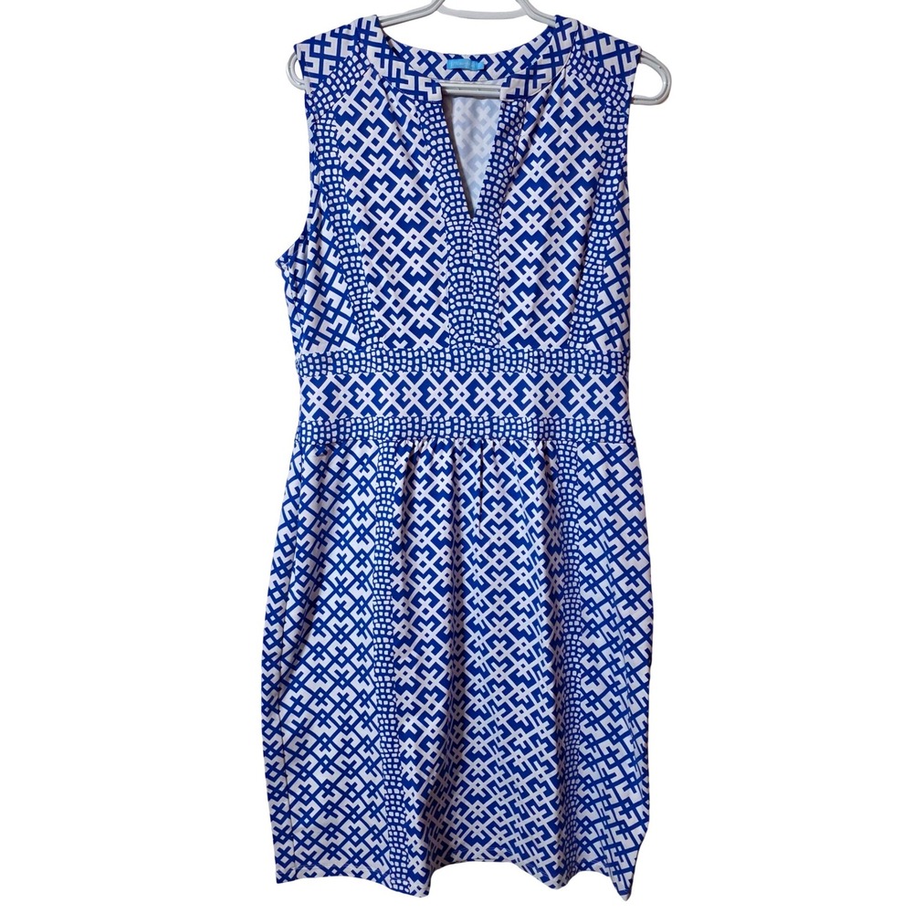 J.McLaughlin Women L Sheath Dress Blue Geometric Preppy Catalina Cloth V-Neck